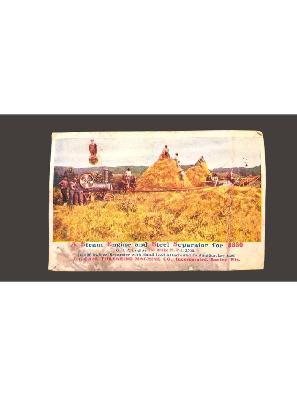 Antique 1908 Postcard J.I. Case Steam Engine Separator Threshing Farm Machinery